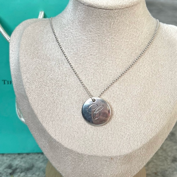 Tiffany Notes Alphabet “C” Disc Charm Pendant 18 in Ball Chain Sterling Silver - Picture 13 of 14